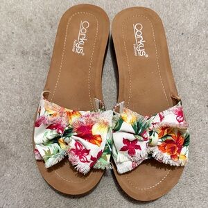 Corkys Floral Bow Slide Sandals - White with Red, Orange & Green